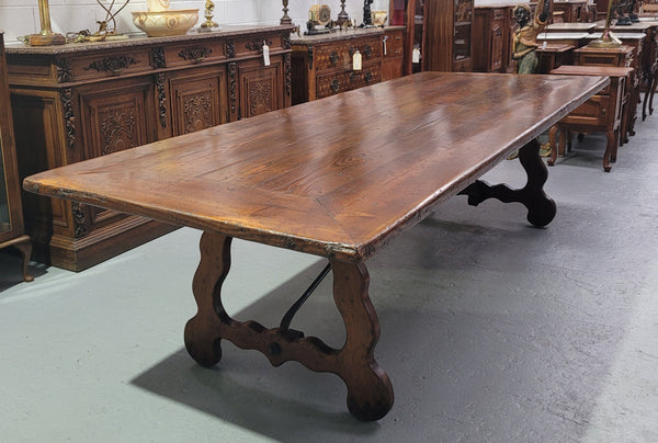 Hard to find three meter Spanish style dining table with a width of 108 cm. Made from reclaimed elm and Oregon with nice iron work. Can easily sit 10-12 people and is in good original detailed condition.