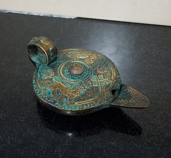 Antique Roman Style Bronze Oil Lamp Traces Of Original Gilding