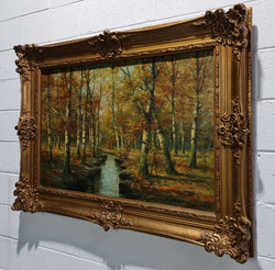 Large French Signed Oil Painting Autumn Trees on Stream Scene In Gilt Frame | Antique & Vintage | Moonee Ponds Antiques | Australia Wide Delivery
