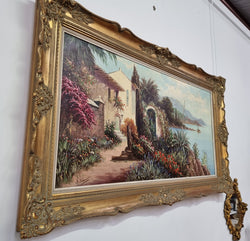 Large Signed Oil On Canvas " Mediterranean Coastal Scene" In Gilt Frame Sourced From France | Antique & Vintage | Moonee Ponds Antiques | Australia Wide Delivery