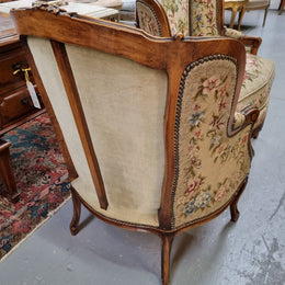 Pair of amazing French Walnut tapestry covered armchairs. The tapestry is in very good condition, please view photos as they form part of the description. Sourced from France and is in good original detailed condition.