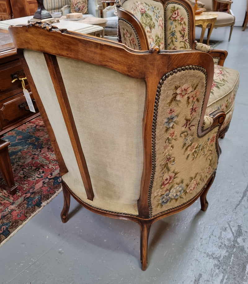 Pair of amazing French Walnut tapestry covered armchairs. The tapestry is in very good condition, please view photos as they form part of the description. Sourced from France and is in good original detailed condition.