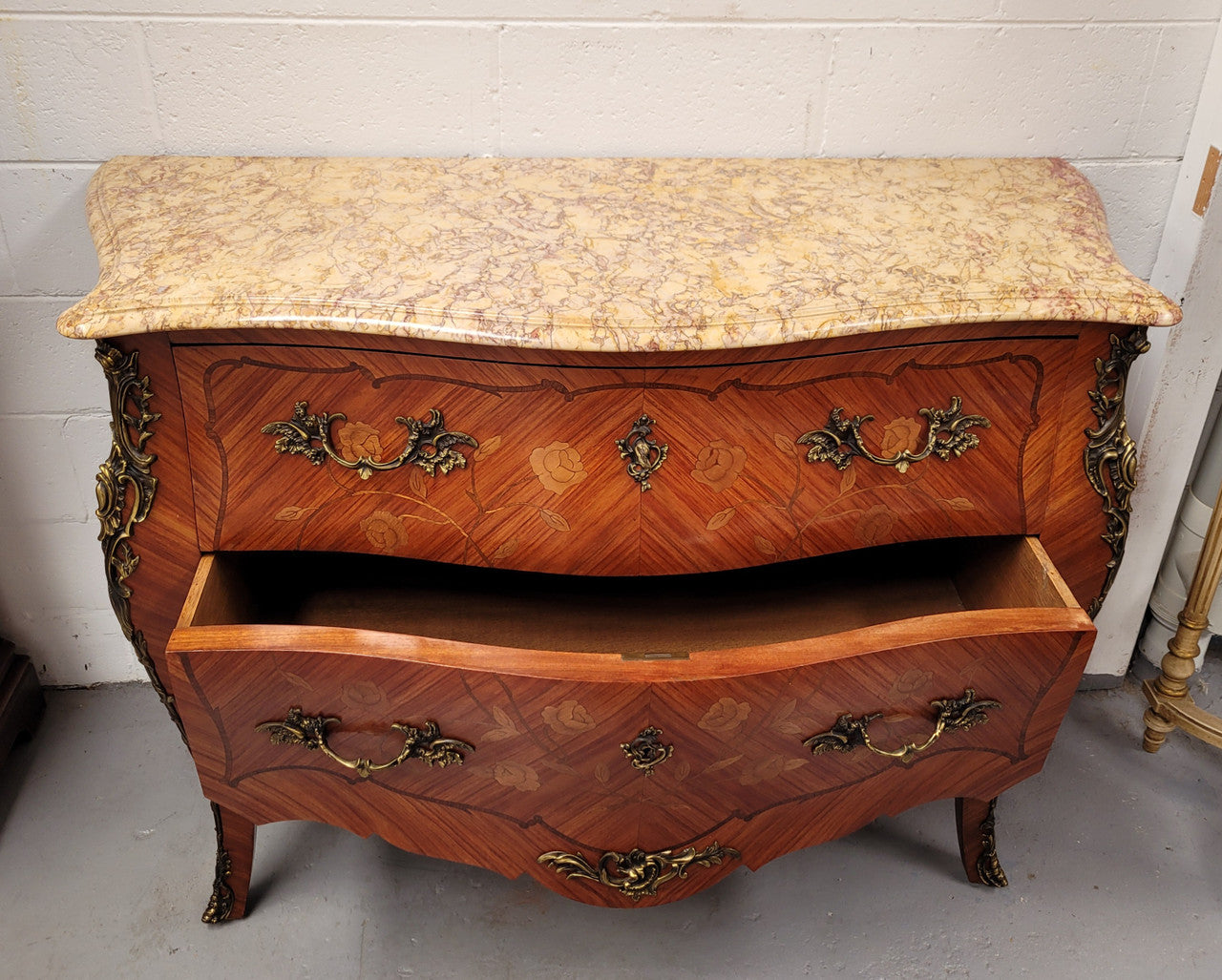 ** ON HOLD** Louis XV Style Two Drawer Marquetry Inlaid Kingwood Marble Top Commode | Antique & Vintage | Moonee Ponds Antiques | Australia Wide Delivery