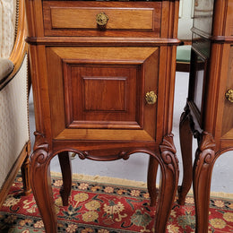Pair of Walnut Louis XV style grey marble top bedside cabinets. Single drawer, one cupboard and lovely French cabriole legs. They have been sourced from France and are in good original condition.