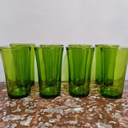 Set of 8 French Green Duralex drinking glasses. They are in good original condition with no chips or cracks, please view photos as they help form part of the description.