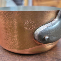 Set of five copper sauce pans with foundry stamp. They have been sourced from France and are in good original detailed condition.