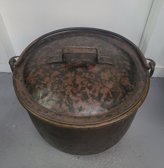Large French brass cauldron with lid and handle. It is in original condition with some signs of wear please view photos.