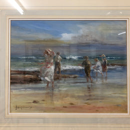 An oil on canvas on board framed and under glass a beautiful painting of a "Windy day at the beach Mornington" by Australian Artist Judy Talacko.