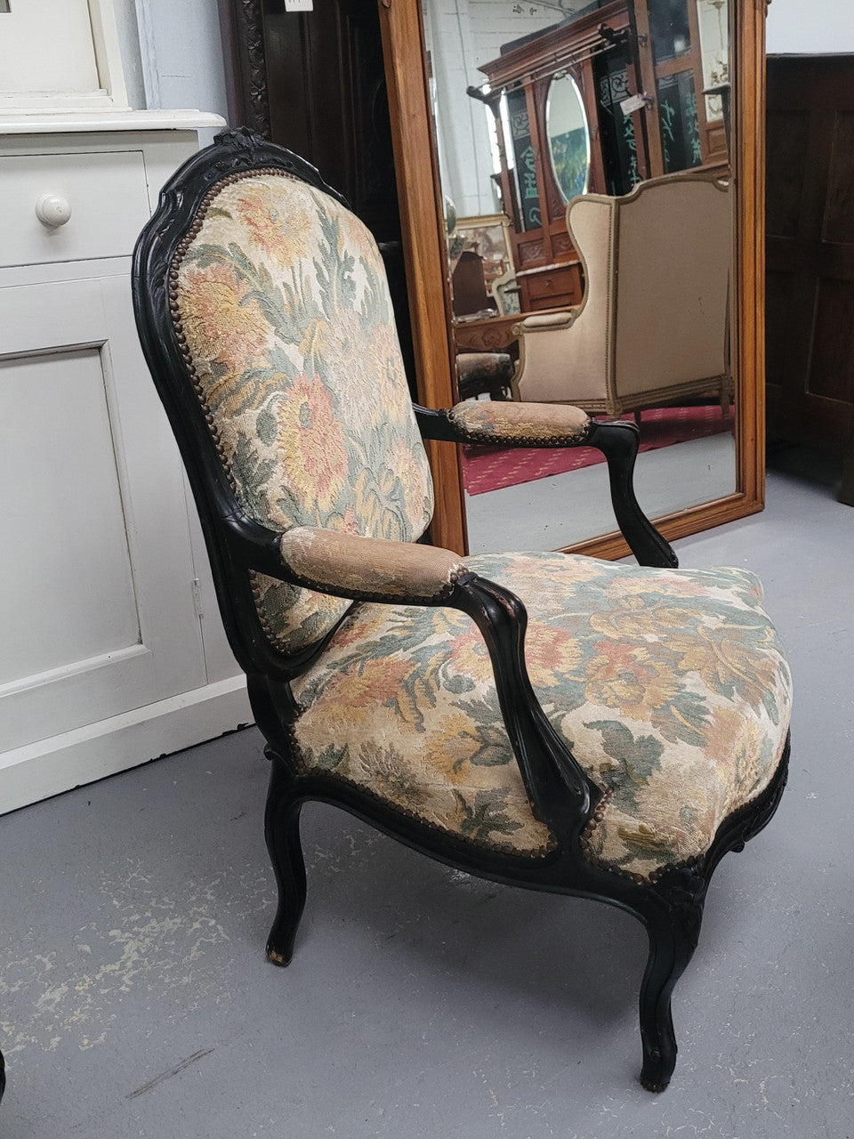 Antique 19th Century Louis XV Style Ebonized Upholstered Armchairs