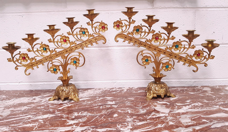 Pair Of Highly Decorative French Gilt Brass & Jewelled Candelabras
