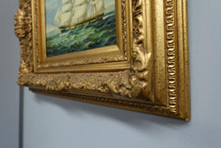 Decorative Oil On Board Painting Of A Ship In Gilt Frame | Antique & Vintage | Moonee Ponds Antiques | Australia Wide Delivery