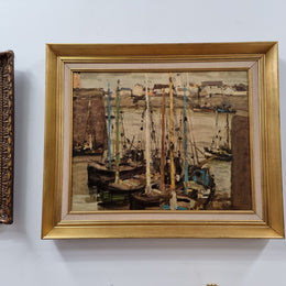 Fabulous signed Vintage boat scene oil on canvas painting in gilt frame. In good original detailed condition.