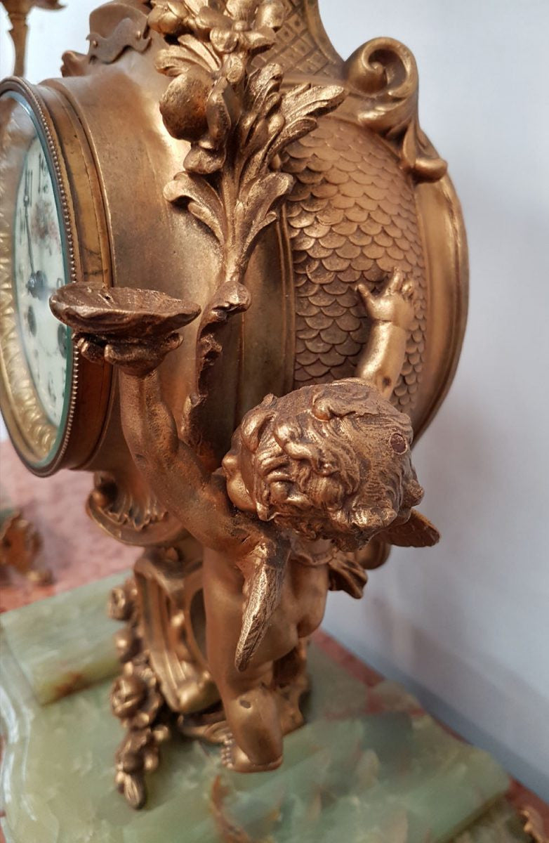 19th Century French Gilt & Onyx Marble Three Piece Clock Set