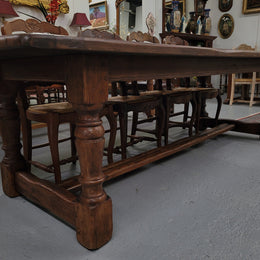 Amazing 2.65 meter French Elm Refectory dining table with loads of rustic charm. This table has been sourced from France and can comfortably seat ten people. It is in good original detailed condition.