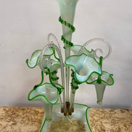 Large & rare victorian vaseline glass epergne. All complete with trumpets canes & baskets and all in good condition.