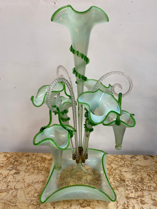 Large & rare victorian vaseline glass epergne. All complete with trumpets canes & baskets and all in good condition.