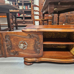 Appealing French Louis XVth style walnut converted TV unit.  Central carved  door & 2 Sliding Cupboards. In good condition.