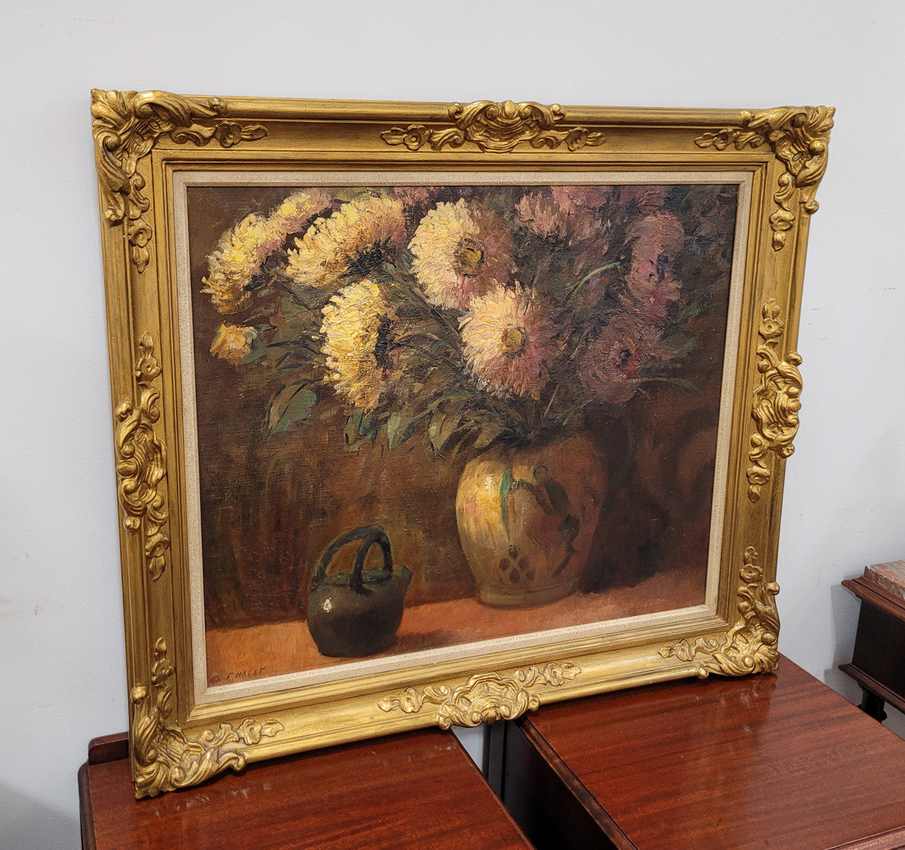 French signed oil on canvas depicting floral still life in charming gilt frame. Sourced from France and in good original detailed condition.
