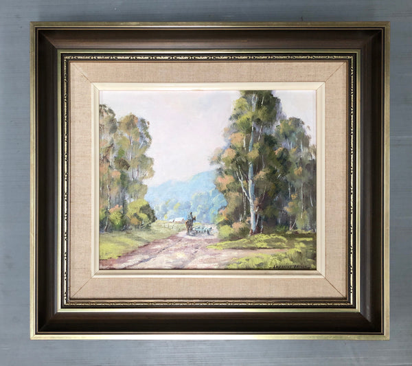 Lorraine Davies framed oil on board Australian farmhouse landscape. Written on the back is Don Valley Road, Launching Place Vic. In very good original condition.