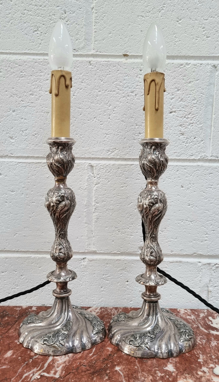 Pair of Antique French Silver Candlesticks Table Lamps Embossed With Birds & Floral Pattern | Antique & Vintage | Moonee Ponds Antiques | Australia Wide Delivery