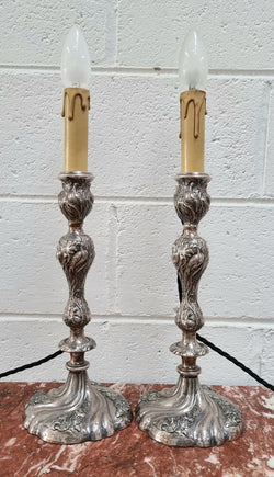 Pair of Antique French Silver Candlesticks Table Lamps Embossed With Birds & Floral Pattern | Antique & Vintage | Moonee Ponds Antiques | Australia Wide Delivery
