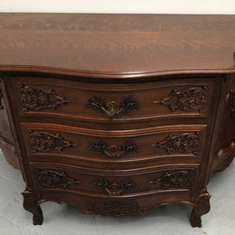 French Louis XV style dark Oak carved, two door and three drawer Commode /side cabinet. Could also be used as a TV cabinet or in the bedroom as storage very versatile. In good original detailed condition.