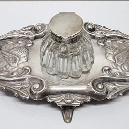 Edwardian Silver Plated Ink Stand Cherub Embossed Design