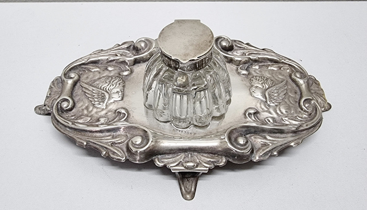 Edwardian Silver Plated Ink Stand Cherub Embossed Design | Antique & Vintage | Moonee Ponds Antiques | Australia Wide