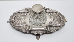 Edwardian Silver Plated Ink Stand Cherub Embossed Design | Antique & Vintage | Moonee Ponds Antiques | Australia Wide Delivery