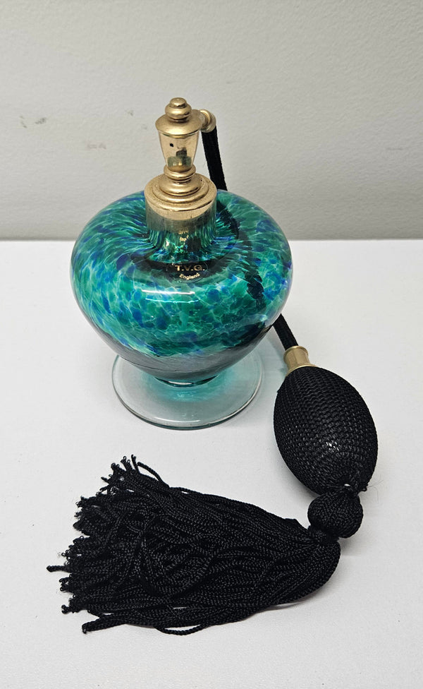 Teign Valley Glass TVG Art Glass perfume bottle in blue/green glass with working atomiser. Please see photos as they form part of the description.