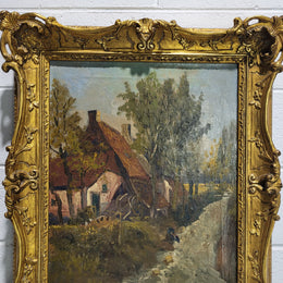 Stunning french oil on canvas signed “Dykman” painting, depicting farmhouse scene and in original gilt frame.