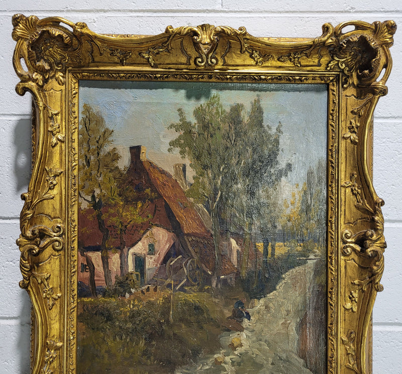 Stunning french oil on canvas signed “Dykman” painting, depicting farmhouse scene and in original gilt frame.