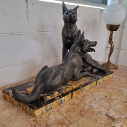 French Art Deco Statue Of Two German Shepherds On Marble Base