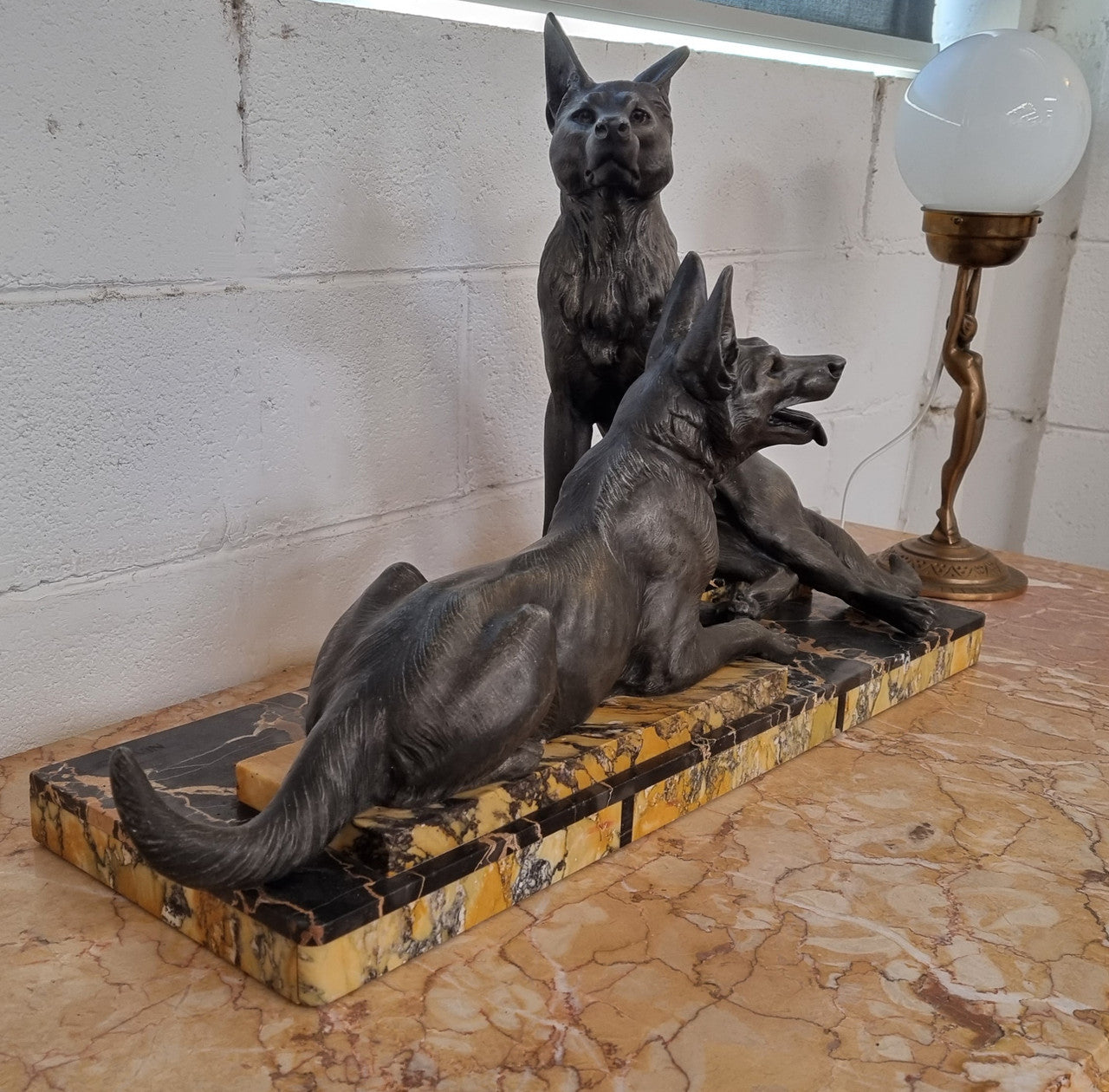 French Art Deco Statue Of Two German Shepherds On Marble Base