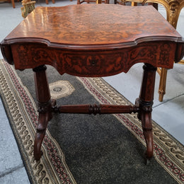 Fabulous marquetry inlaid side table with marquetry extensions and one drawer. Stunning side table or small ladies desk.