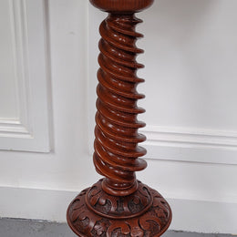 Rare early Victorian Irish Burr Walnut wine table. It has a beautiful carvings and a stunning burr walnut top, on a barley twist column and three shaped legs. It has been sourced locally and is in good original detailed condition. We also have a second table being sold separately which when together make a matched pair.