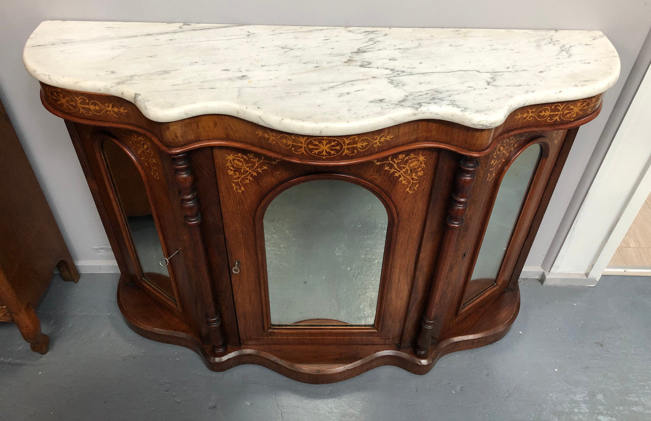 Petite Victorian Marble Top Sideboard-Credenza With Beautiful Marquetry Inlay