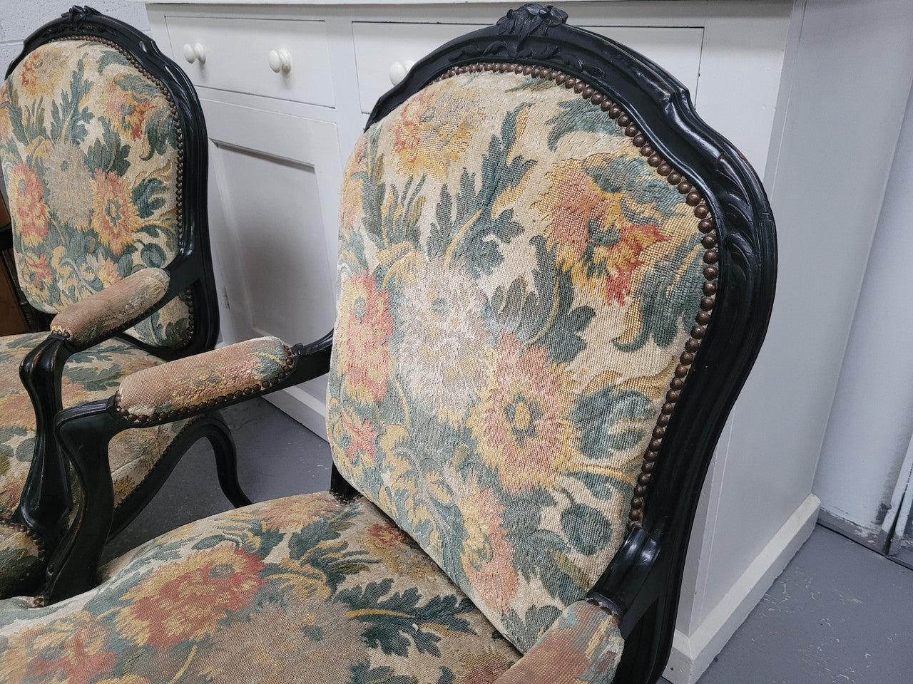 Antique 19th Century Louis XV Style Ebonized Upholstered Armchairs | Antique & Vintage | Moonee Ponds Antiques | Australia Wide Delivery