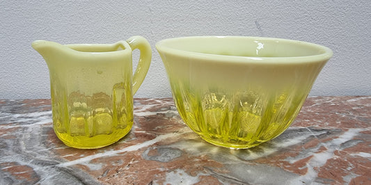 A fabulous rare Vaseline glass small jug and sugar bowl in good original condition.