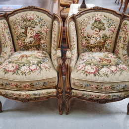 Pair of amazing French Walnut tapestry covered armchairs. The tapestry is in very good condition, please view photos as they form part of the description. Sourced from France and is in good original detailed condition.