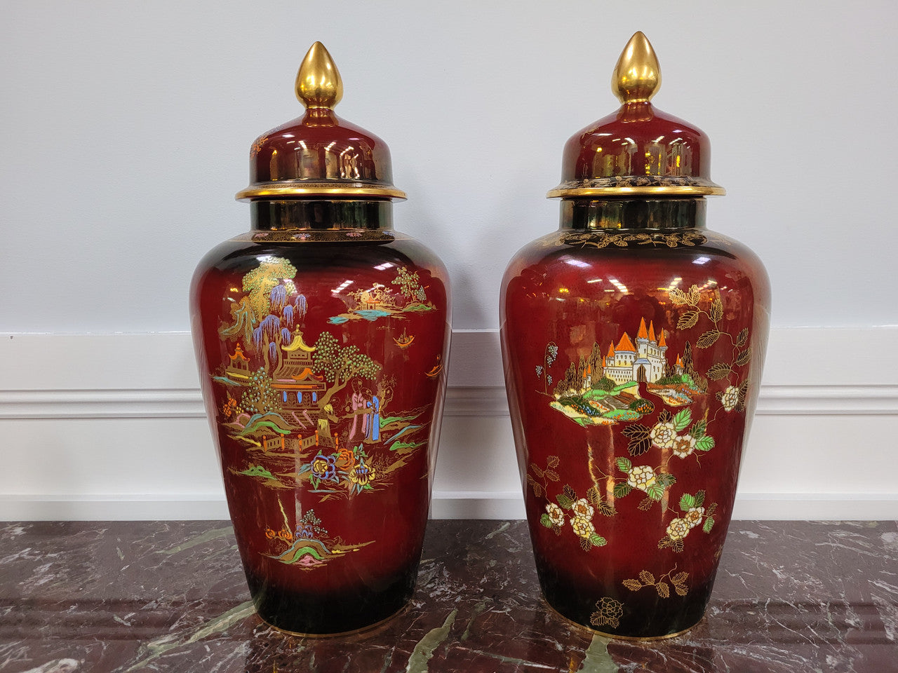 Matched Pair of Very Large Crown Devon Hand Painted Ruby Lustre Vases | Antique & Vintage | Moonee Ponds Antiques | Australia Wide Delivery