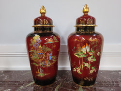 Matched Pair of Very Large Crown Devon Hand Painted Ruby Lustre Vases | Antique & Vintage | Moonee Ponds Antiques | Australia Wide Delivery