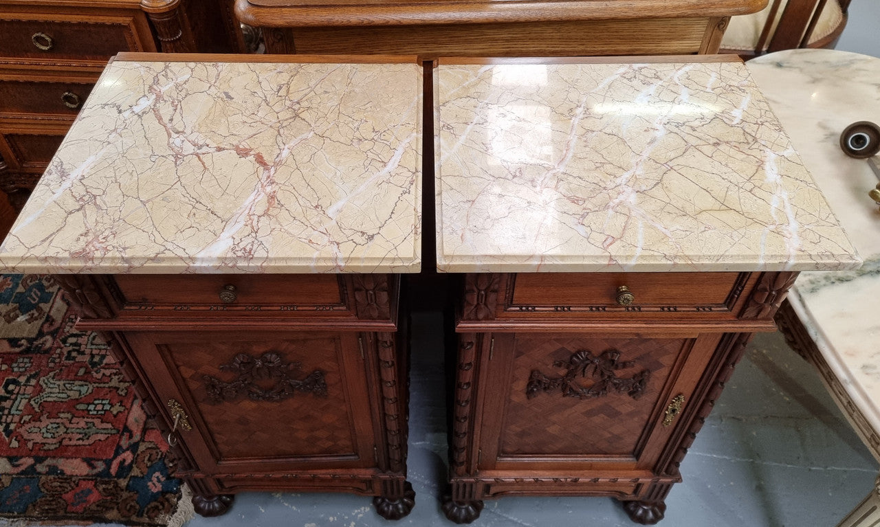 Impressive Pair of Walnut Parquetry Inlaid Henry II Style Marble Top Bedside Cabinets