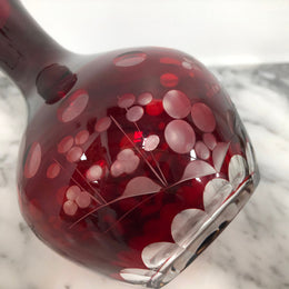 Vintage flash ruby glass water carafe with matching drinking glass.