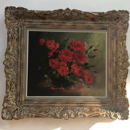 Lovely French oil on canvas of red roses in a beautiful ornate frame. In good original detailed condition.