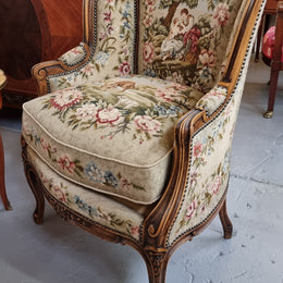 Pair of amazing French Walnut tapestry covered armchairs. The tapestry is in very good condition, please view photos as they form part of the description. Sourced from France and is in good original detailed condition.