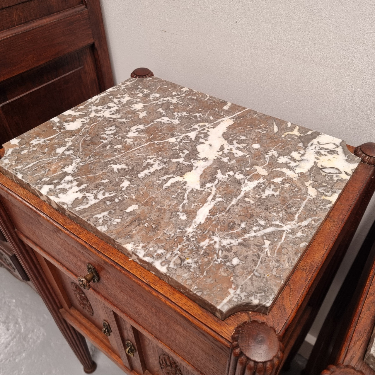 Pair French Louis 16th Style Oak Marble Top Bedsides