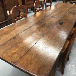 19th Century French three meter Farmhouse table with a beautiful original rustic top. In very good original detailed condition.