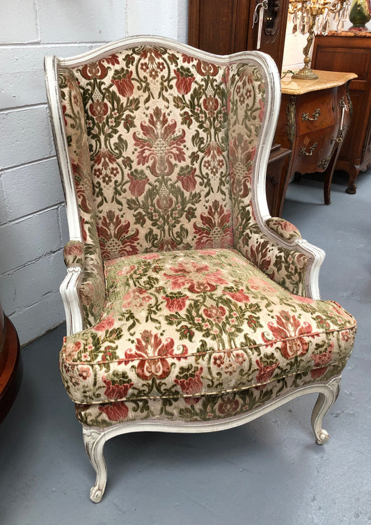 French Painted Upholstered Wing Back Armchair