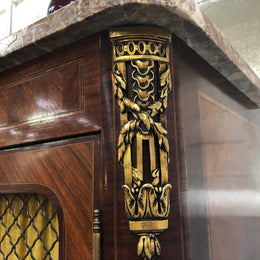 Beautiful 19th Century French Louis XV style Mahogany Blind Bookcase. This piece has lovely inlaid doors and ormolu mounts, marble top and four adjustable shelves. In good original detailed condition.